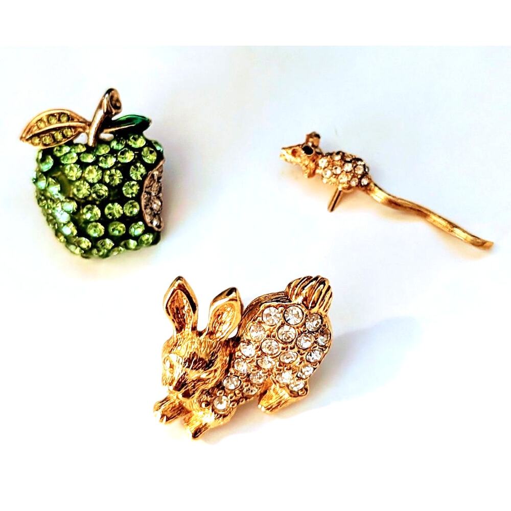 3 Gold-Tone Rhinestone Encrusted Small Lapel Tac Pins Apple Mouse Bunny